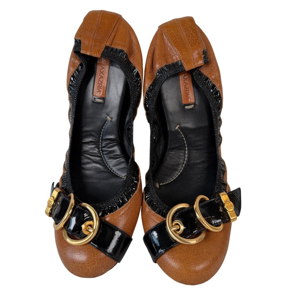 BCBGMAXAZRIA Women Brown Leather Patent Buckle‎ Ballet Flats Shoes Size 8